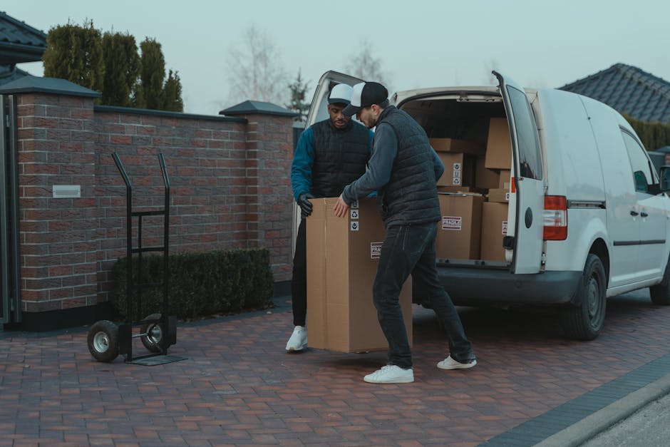 Two movers are engaged in a home relocation process beside a white van with its rear doors open, revealing stacked cardboard boxes inside. One mover, wearing a black puffer vest and a baseball cap, is